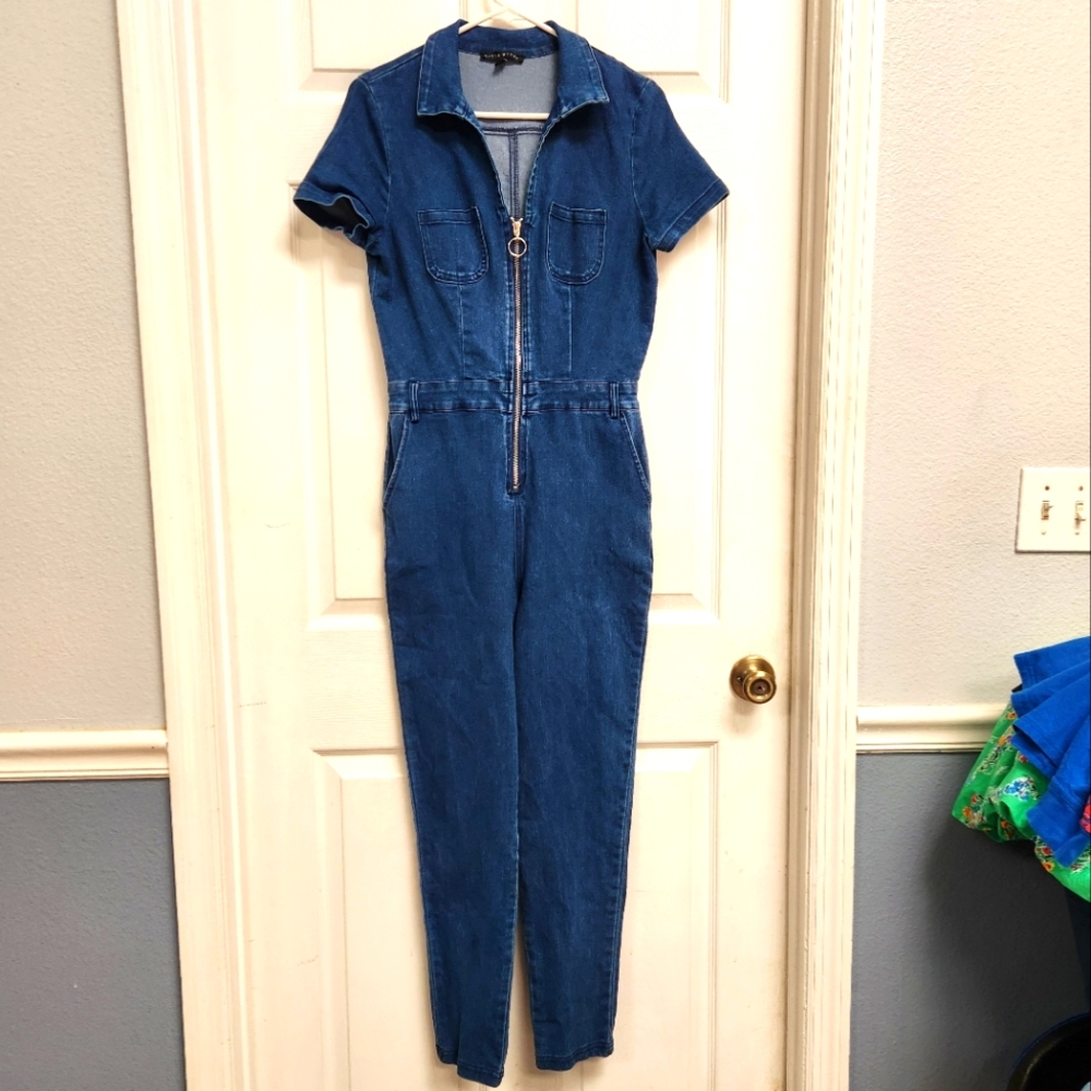 Haute Monde Blue Denim Jumpsuit with Front Zipper - Picture 2 of 9